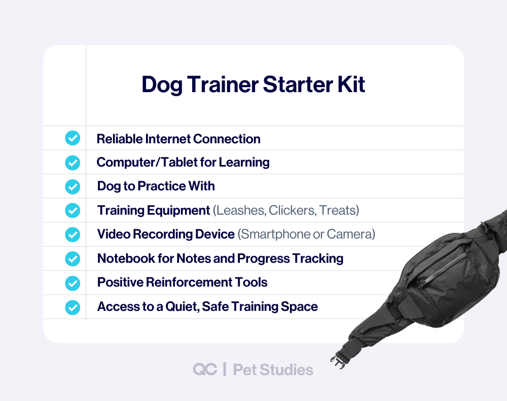 Infographic titled 'Dog Trainer Starter Kit' listing essentials like a computer, dog, training tools, and a quiet space—ideal checklist for students enrolling in a dog training certification online course.