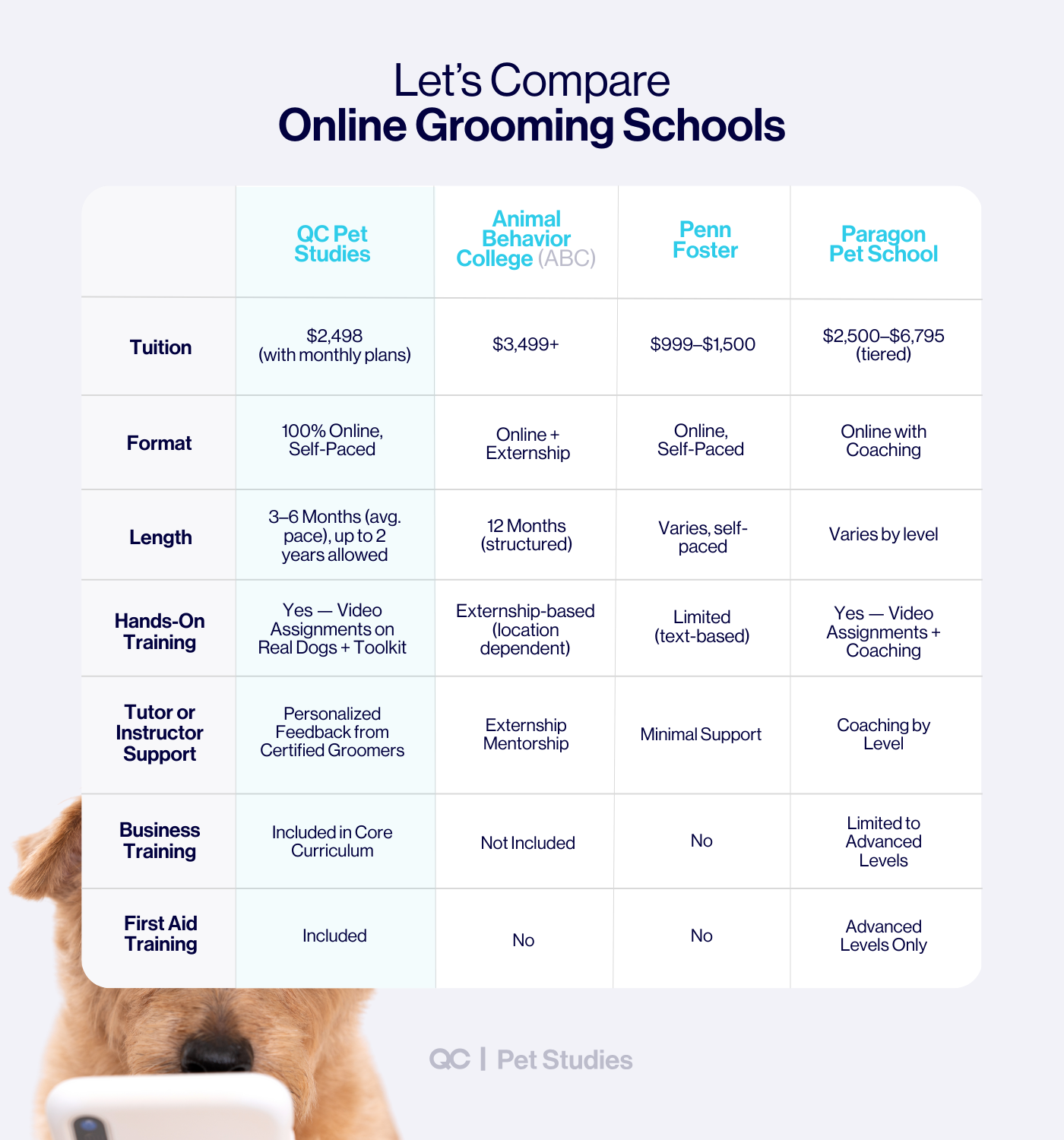 Comparison chart of online dog grooming schools showing tuition, format, length, and training options—helping readers choose the best dog grooming school near me.
