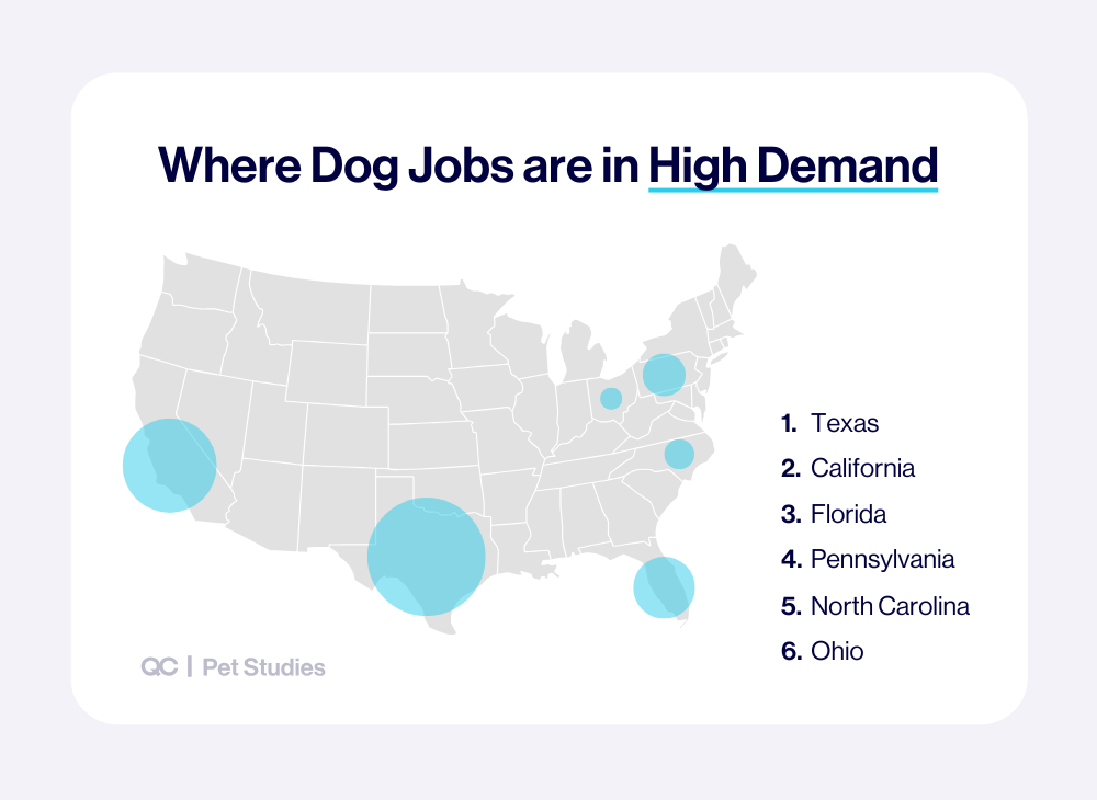 U.S. heat map infographic showing where jobs working with dogs near me are in high demand, highlighting Texas, California, Florida, Pennsylvania, North Carolina, and Ohio as top states.