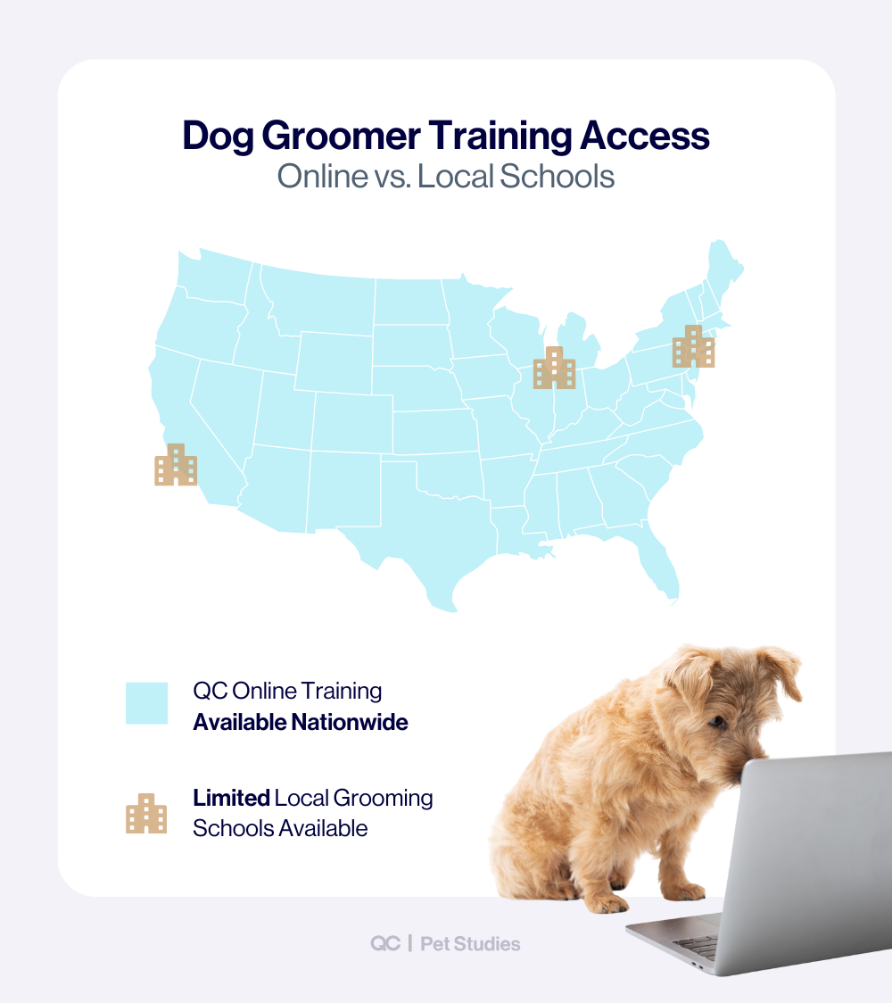Map showing dog groomer training access across the U.S., comparing nationwide online programs with limited local schools, supporting the topic of how to become a dog groomer.