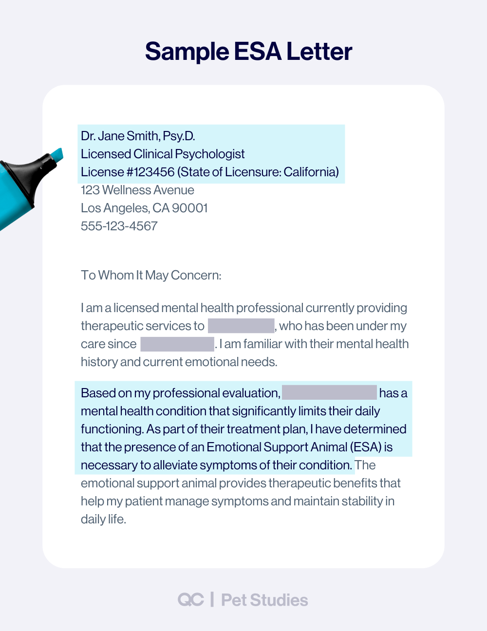 Sample ESA letter from a licensed mental health professional, showing documentation required for emotional support dog training and qualification.