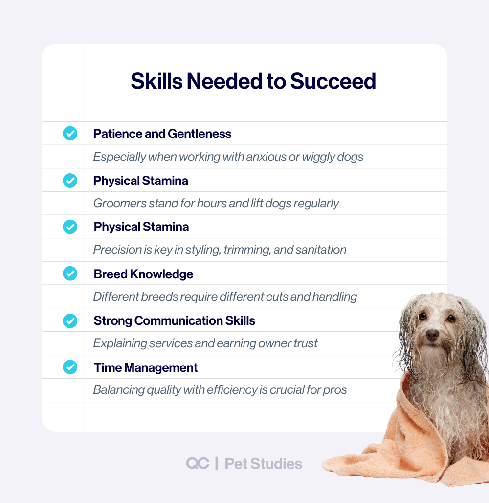 Infographic listing essential skills for success in dog groomer training courses, including patience, stamina, breed knowledge, communication, and time management.