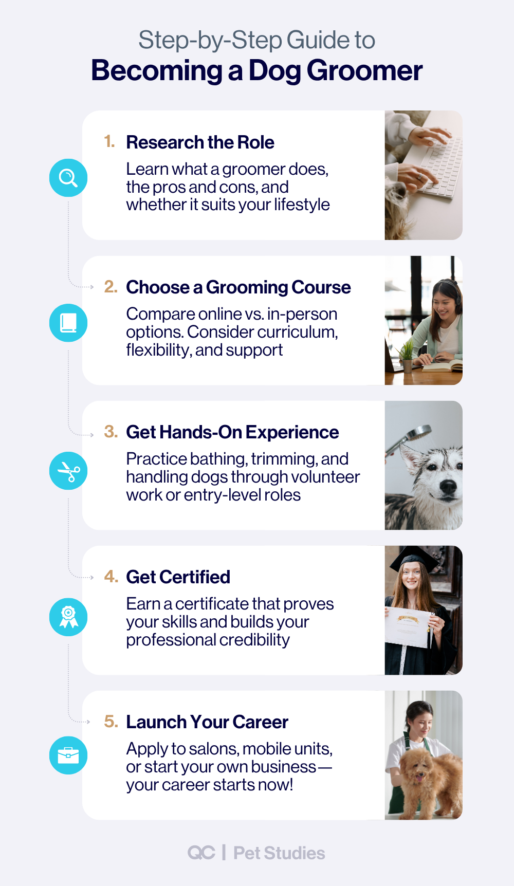 Infographic showing a step-by-step guide to becoming a dog groomer, highlighting key stages such as researching the role, choosing dog groomer training courses, gaining hands-on experience, getting certified, and launching a career.