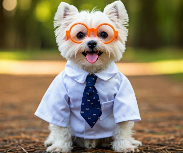 Small dog costumes for Halloween featuring an adorable white pup in glasses, shirt, and tie for a funny office worker look.