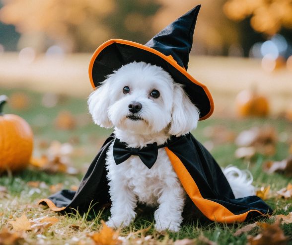Small dog costumes for Halloween: cute white dog dressed as a witch with a black and orange cape and hat, sitting beside pumpkins.