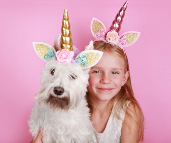 Dog and owner Halloween costumes featuring a girl and her dog both dressed as unicorns with matching horns and floral headbands.