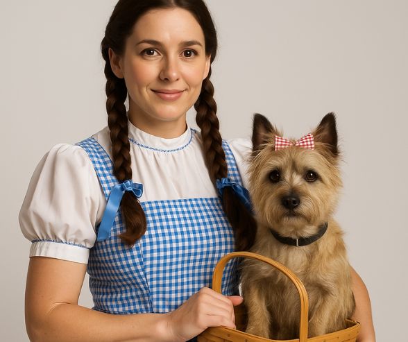 Dog and owner Halloween costumes featuring a woman dressed as Dorothy from The Wizard of Oz with her Terrier dog dressed as Toto in a basket.