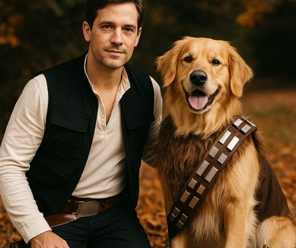 Dog and owner Halloween costumes featuring a man dressed as Han Solo with his Golden Retriever dressed as Chewbacca, surrounded by pumpkins and autumn leaves.