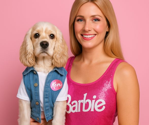 Dog and owner Halloween costumes featuring a woman dressed as Barbie with her Cocker Spaniel dressed as Ken, posing against a pink background.