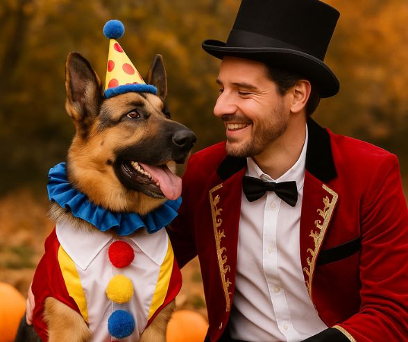 Dog and owner Halloween costumes featuring a man dressed as a circus ringmaster smiling at his German Shepherd dressed as a clown, surrounded by pumpkins and autumn leaves.