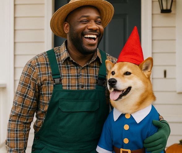 Dog and owner Halloween costumes featuring a man in a gardener outfit laughing with his Shiba Inu dressed as a garden gnome, posing in front of a house door.