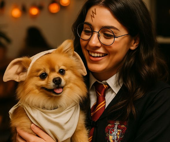 Dog and owner Halloween costumes featuring a woman in a female Harry Potter outfit holding her Pomeranian dressed as Dobby at a festive house party.