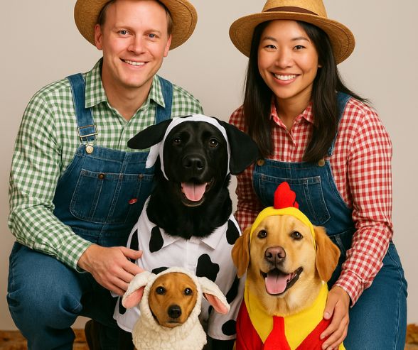 Dog and owner Halloween costumes featuring a man and woman in farmer outfits with their three dogs: a black Labrador dressed as a cow, a golden Labrador dressed as a chicken, and a Dachshund dressed as a sheep.