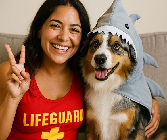 Dog and owner Halloween costumes featuring a woman in a lifeguard outfit smiling and making a peace sign while sitting with her Australian Shepherd dressed as a shark.