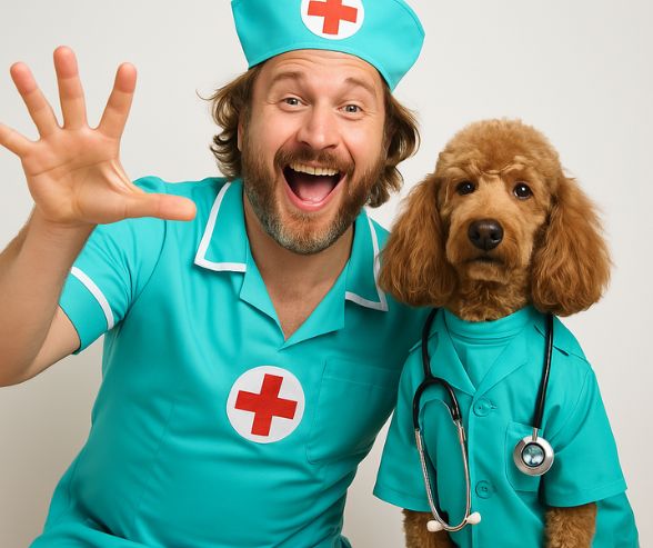 Funny dog Halloween costumes featuring a man in a nurse outfit laughing and posing playfully next to his Poodle dressed as a doctor with a stethoscope.