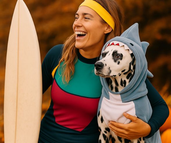 Dog and owner Halloween costumes featuring a woman in a colorful surfer outfit laughing beside her Dalmatian dressed as a shark, surrounded by pumpkins and autumn leaves.
