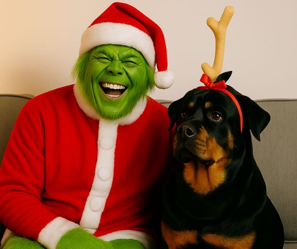 Dog and owner Halloween costumes featuring a man dressed as the Grinch laughing on a couch next to his Rottweiler wearing a Max-inspired headband with a single plush antler.