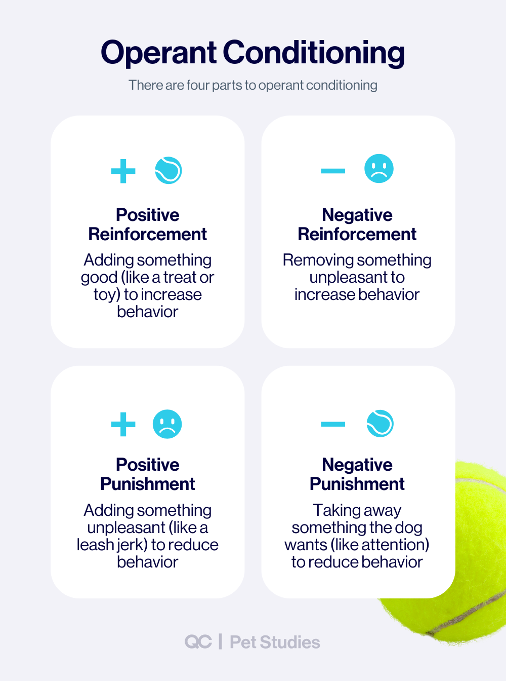 “Infographic explaining the four types of dog training methods in operant conditioning—positive and negative reinforcement, and positive and negative punishment—used in puppy training.