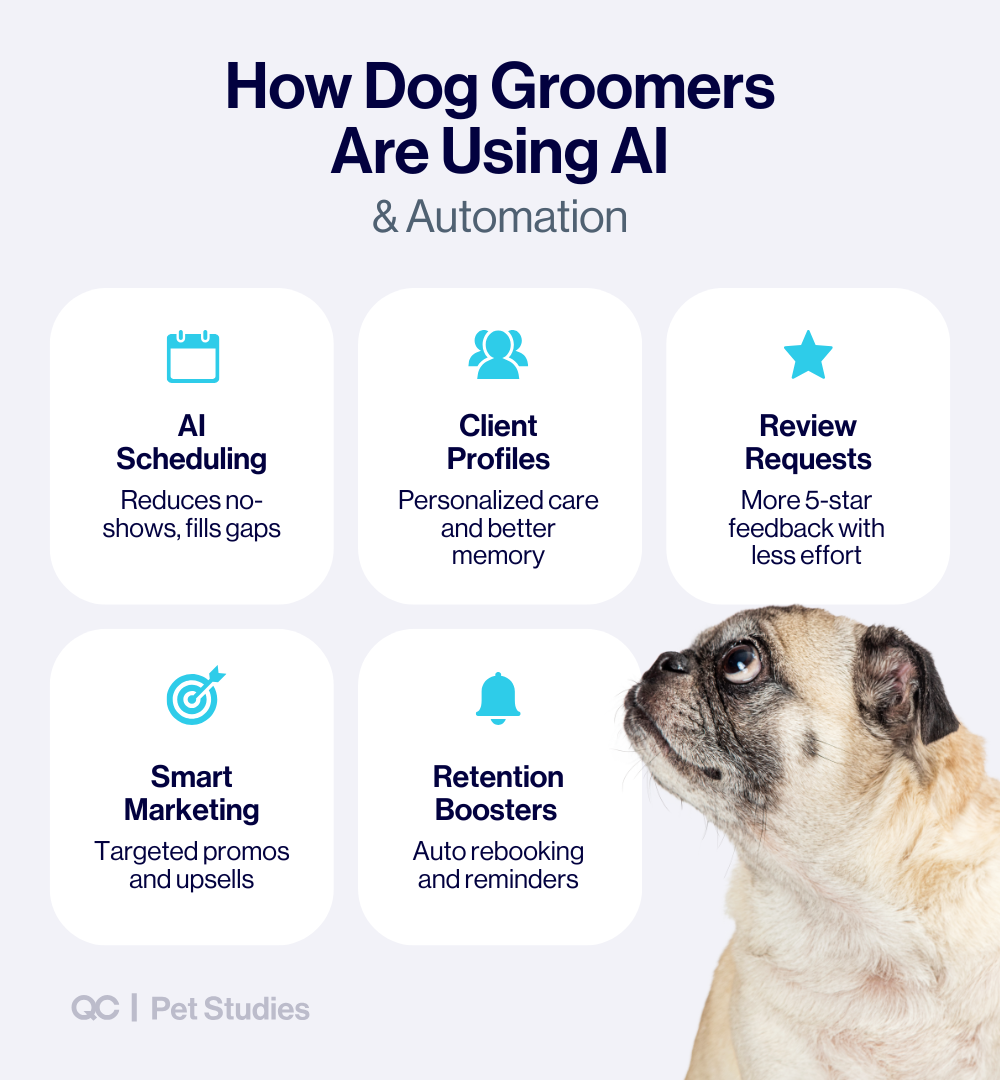 Dog grooming business infographic showing AI tools for scheduling, reviews, and client retention